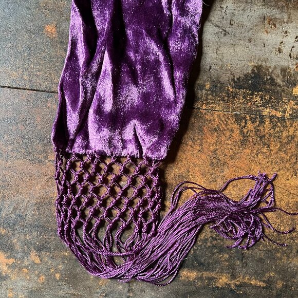 Purple Crushed Velvet Scarf with Macrame Fringe, 85" x 5.5" - Picture 2 of 7
